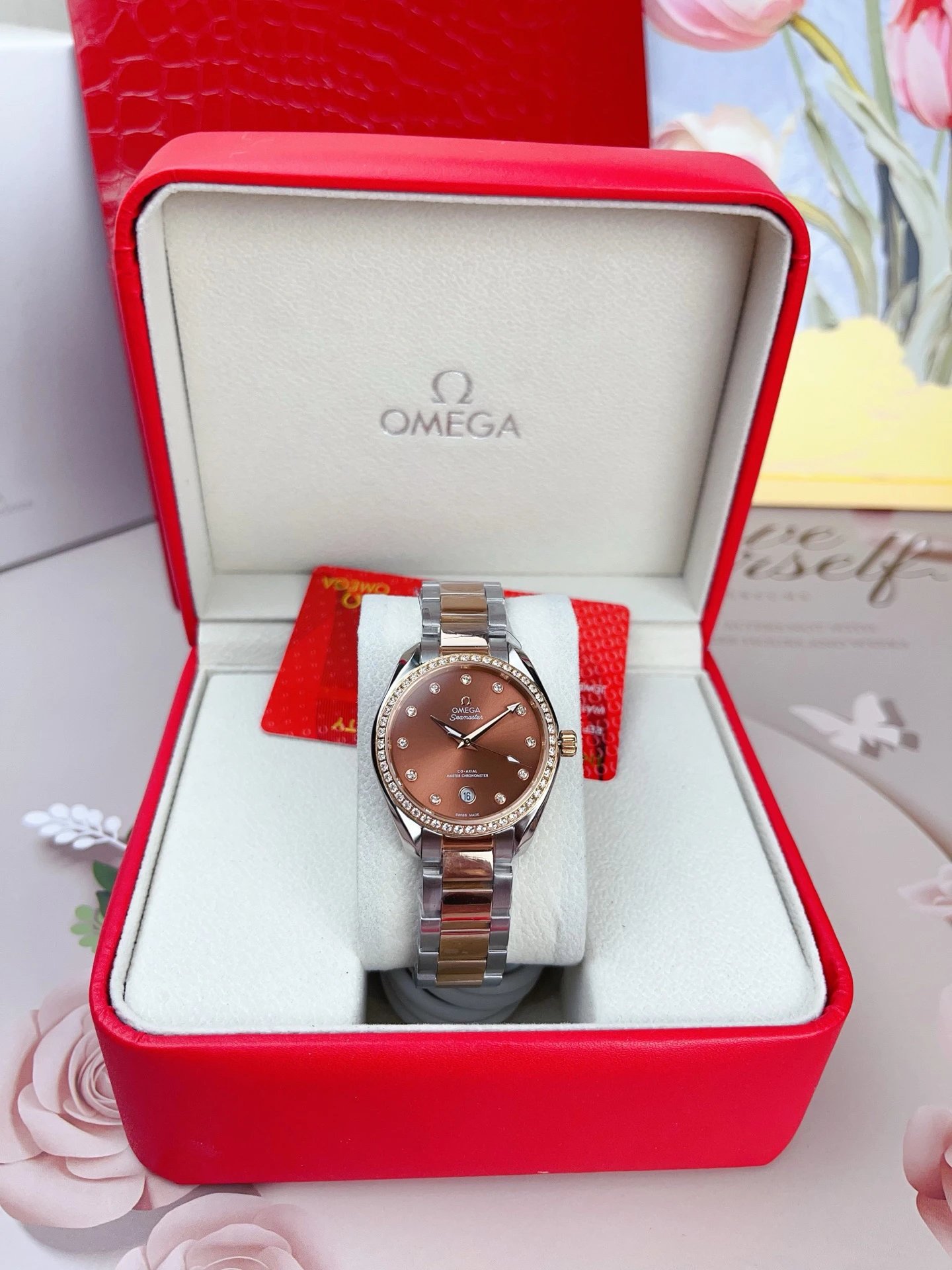 Omega Seamaster Two-Tone Watch with Gem-Set Bezel and Brown Dial