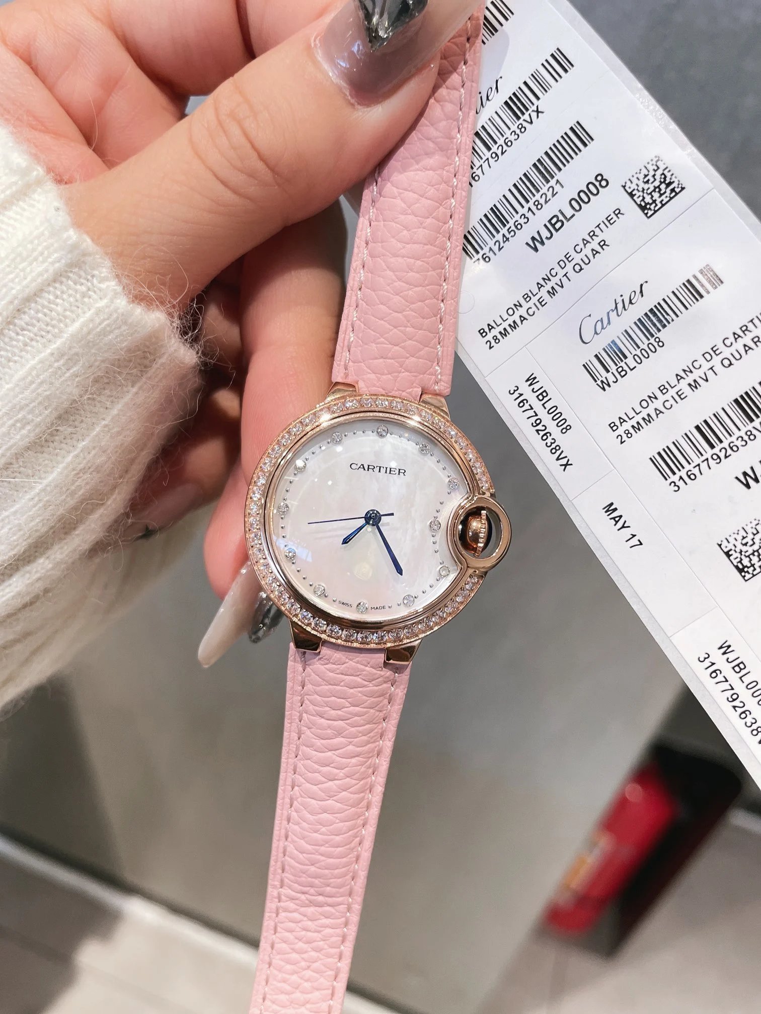 Ballon Blanc de Cartier horloge met roze lederen band