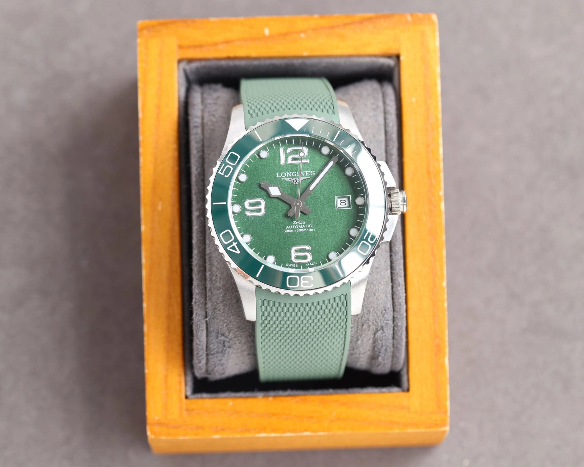 Longines Automatic Watch with Green Dial and Green Rubber Strap