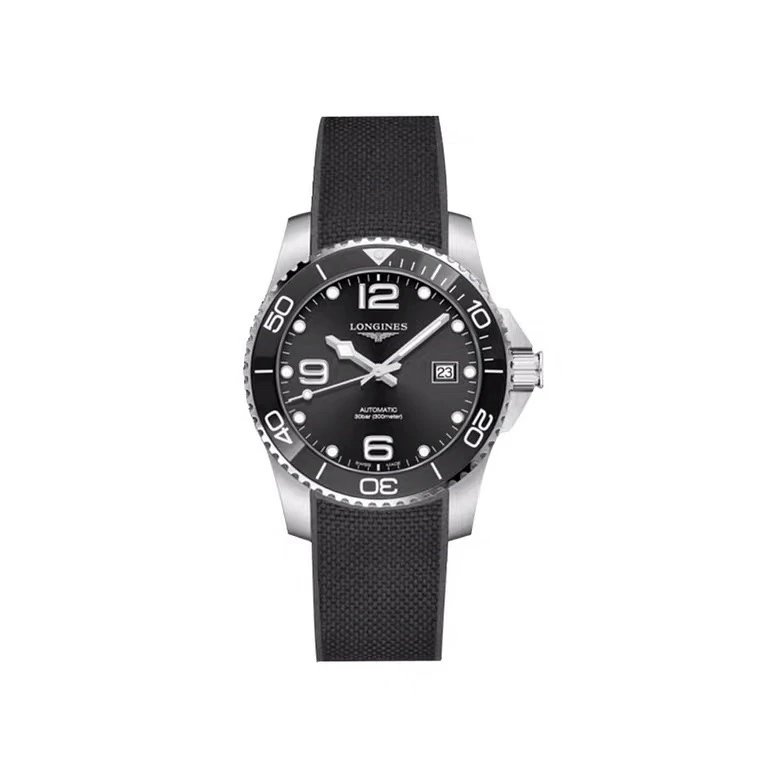 Longines automatisch horloge met zwarte wijzerplaat en zwarte rubberen band