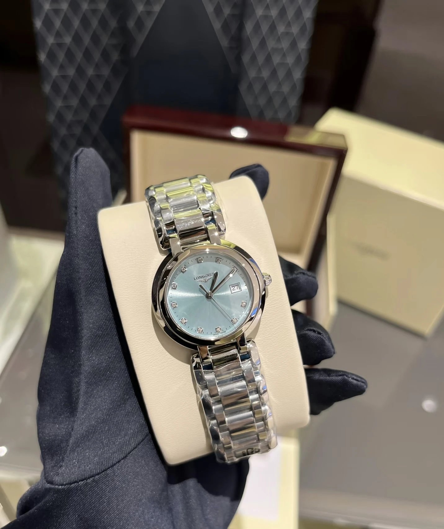 Longines Silver-Tone Watch with Light Blue Dial and Metal Link Bracelet