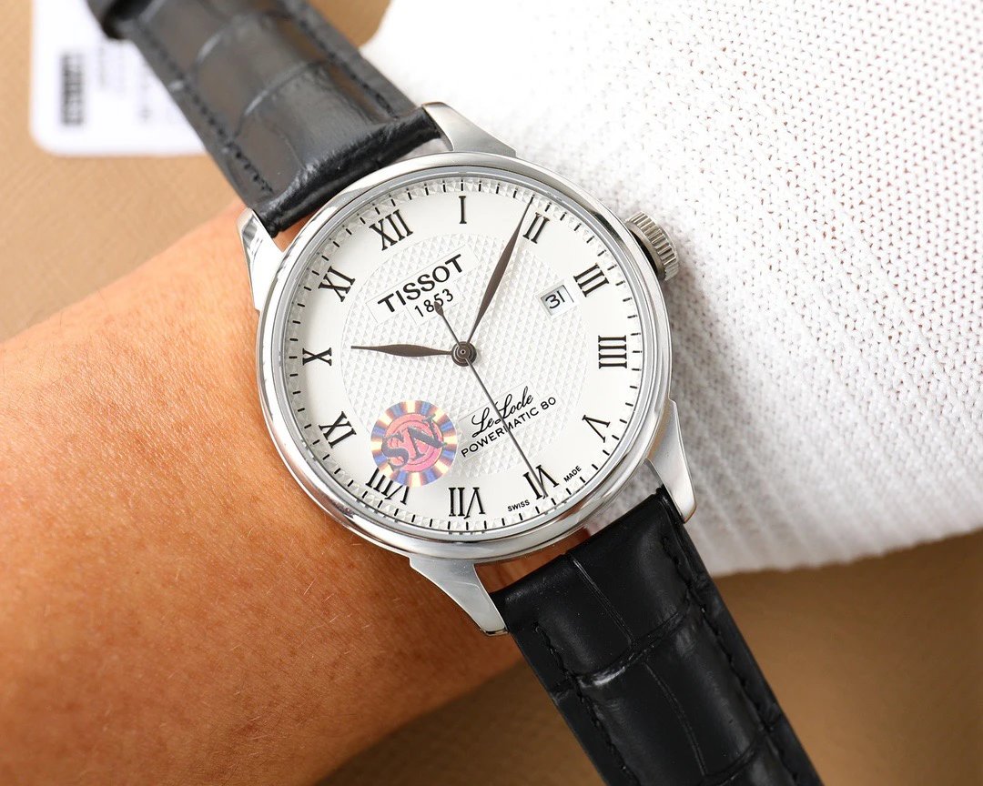 Tissot Le Locle Powermatic 80 horloge met witte wijzerplaat en zwarte leren band 39 mm Variant A