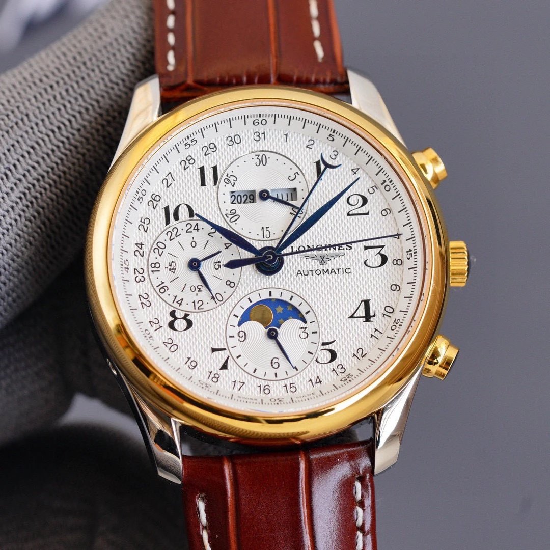 Longines automatische chronograaf met maanfase en bruine leren band