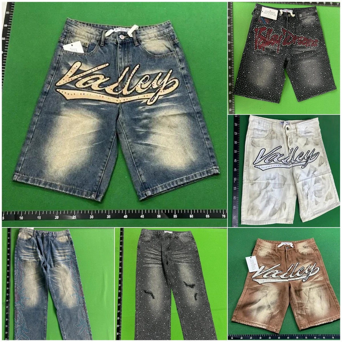 Embroidered rhinestone washed distressed casual trousers and jeans