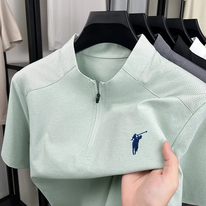 Unbranded T-Shirts Short-Sleeve Half-Zip Stand-Collar T-Shirt — Light green pony
