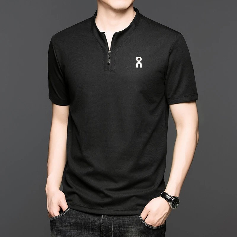 Unbranded T-Shirts Short-Sleeve Half-Zip Stand-Collar T-Shirt — Black