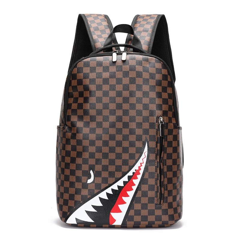 Unbranded Backpacks Shark-mouth graphic checkerboard backpack — 9-Brown Plaid Black Eyes