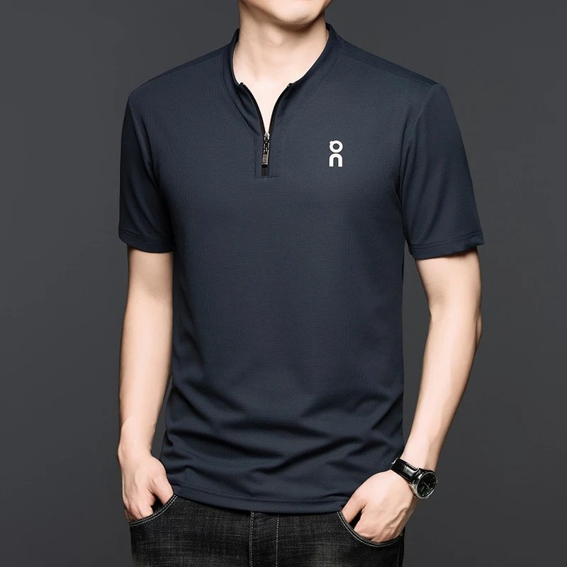 Unbranded T-Shirts Short-Sleeve Half-Zip Stand-Collar T-Shirt — Light blue
