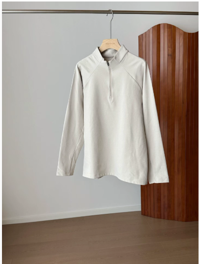 Unbranded T-Shirts Short-Sleeve Half-Zip Stand-Collar T-Shirt — Beige Long Sleeve