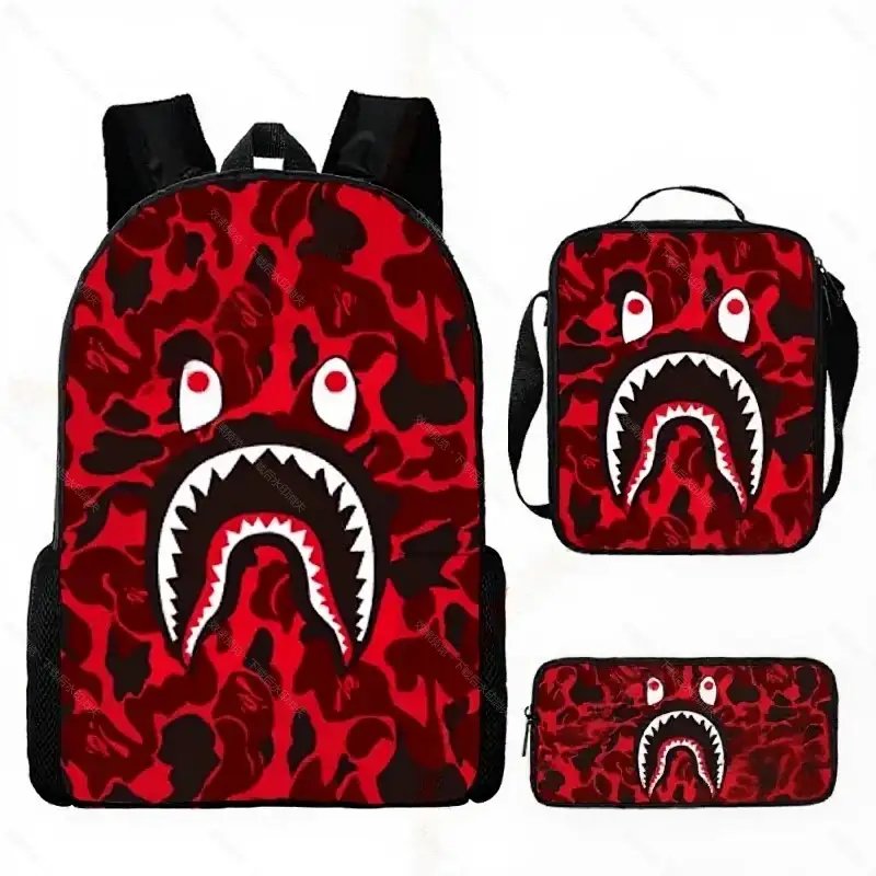 Unbranded Backpacks Shark-mouth graphic checkerboard backpack — 35-Red (Three-piece set: backpack, shoulder bag, pencil case)