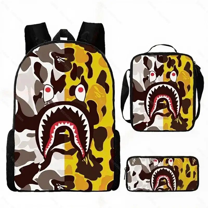 Unbranded Backpacks Shark-mouth graphic checkerboard backpack — 40-Yellow and White (Three-Piece Set: Backpack, Shoulder Bag, Pencil Case)