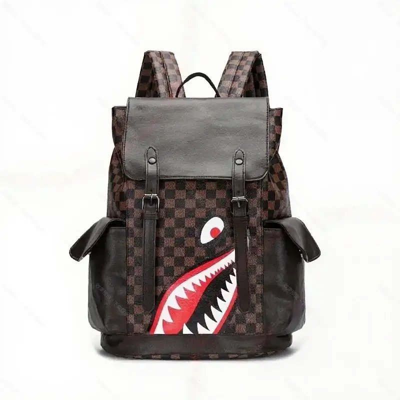 Unbranded Backpacks Shark-mouth graphic checkerboard backpack — 22-Brown Plaid Red Eyes