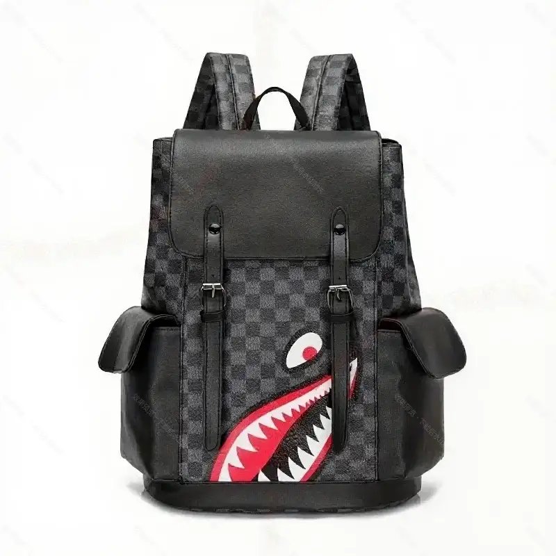 Unbranded Backpacks Shark-mouth graphic checkerboard backpack — 25-Black and Red Eyes