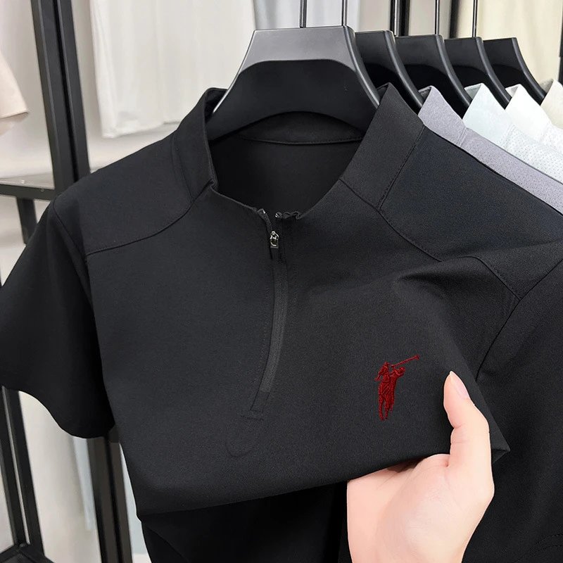 Unbranded T-Shirts Short-Sleeve Half-Zip Stand-Collar T-Shirt — Black Pony