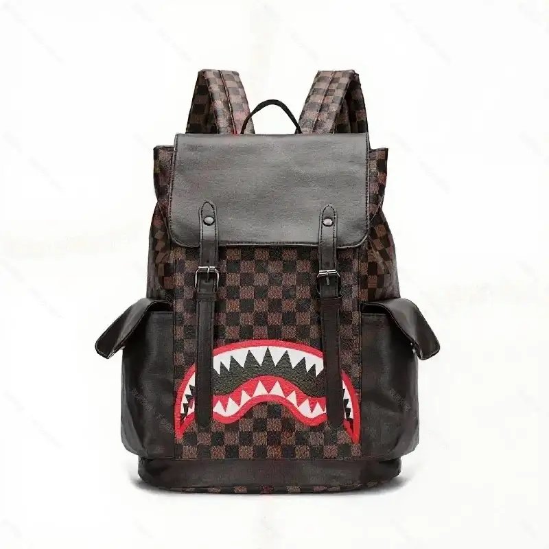 Unbranded Backpacks Shark-mouth graphic checkerboard backpack — 21-Brown Plaid Big Mouth