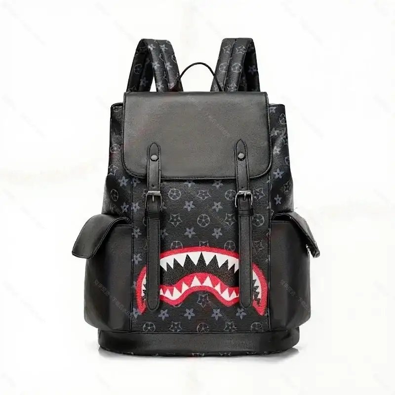 Unbranded Backpacks Shark-mouth graphic checkerboard backpack — 18-Old-age black big mouth