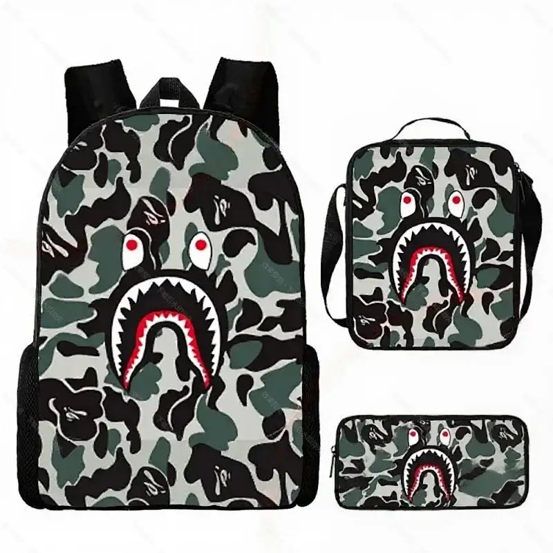 Unbranded Backpacks Shark-mouth graphic checkerboard backpack — 38-Green (Three-piece set: backpack, shoulder bag, pencil case)