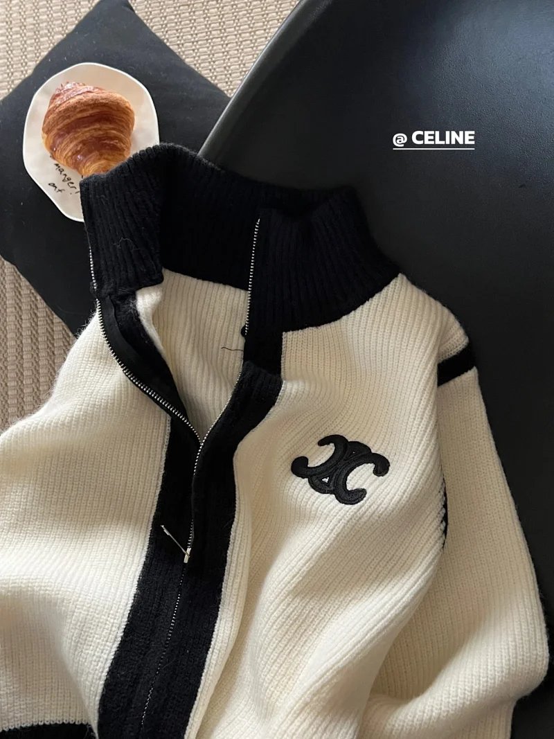 Celine Knitwear Cable-Knit Zip-Up Cardigan with Triomphe Motif image 8