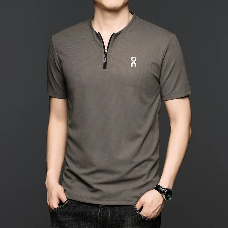 Unbranded T-Shirts Short-Sleeve Half-Zip Stand-Collar T-Shirt — Coffee color