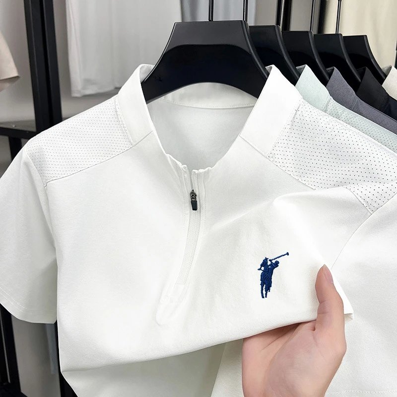 Unbranded T-Shirts Short-Sleeve Half-Zip Stand-Collar T-Shirt — White Little Horse