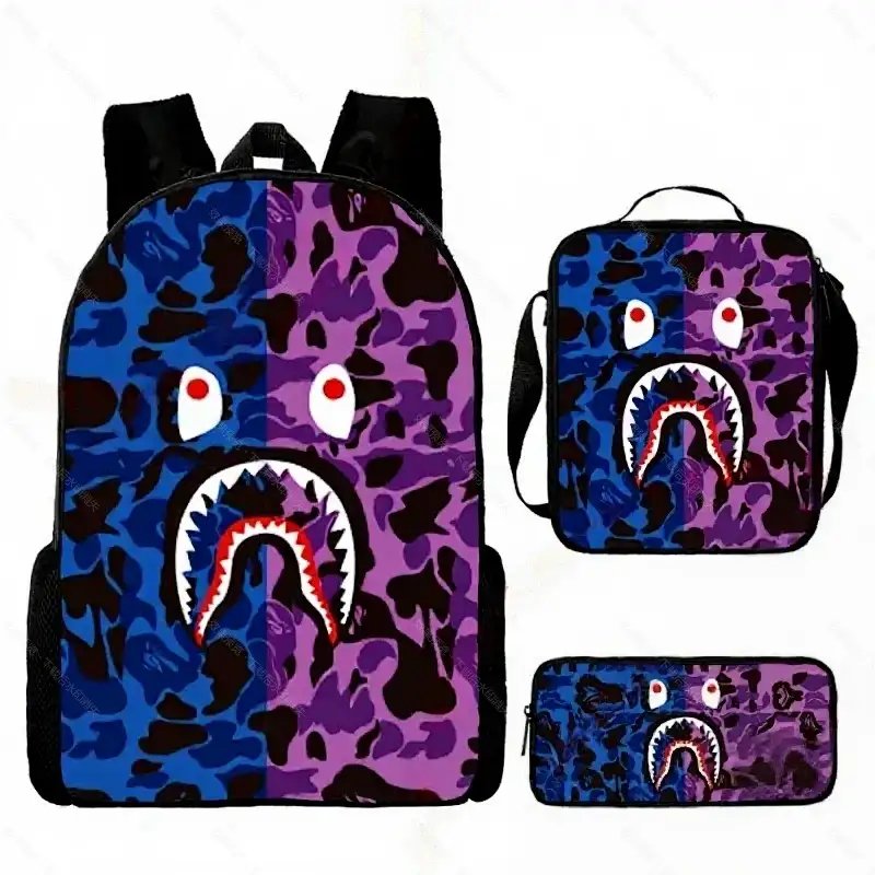 Unbranded Backpacks Shark-mouth graphic checkerboard backpack — 34-Purple (Three-piece set: backpack, shoulder bag, pencil case)