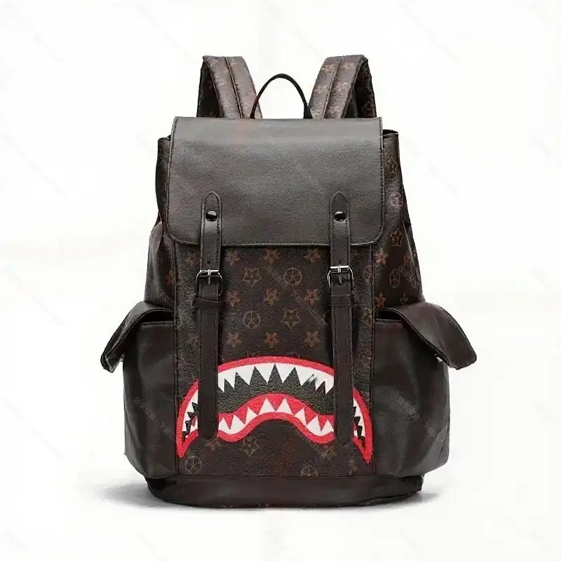 Unbranded Backpacks Shark-mouth graphic checkerboard backpack — 15-Old Flower Brown Big Mouth