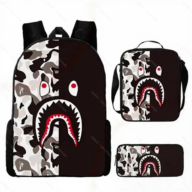 Unbranded Backpacks Shark-mouth graphic checkerboard backpack — 36-Black and White (Three-Piece Set: Backpack, Shoulder Bag, Pencil Case)