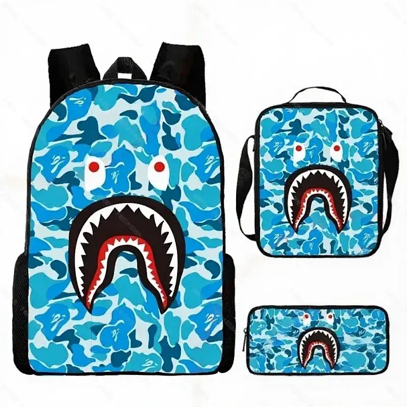 Unbranded Backpacks Shark-mouth graphic checkerboard backpack — 37-Blue (Three-piece set: backpack, shoulder bag, pencil case)