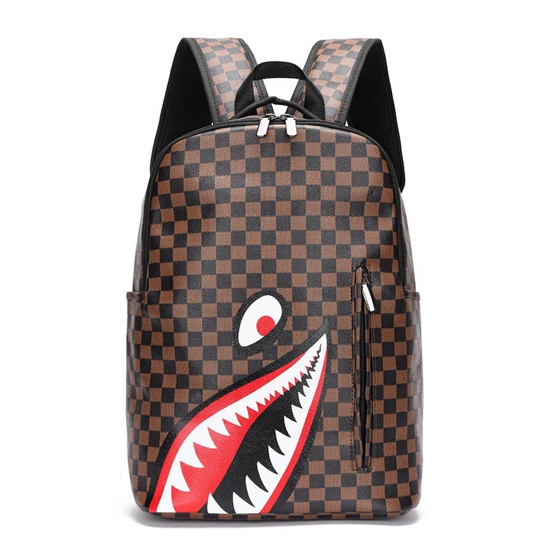 Unbranded Backpacks Shark-mouth graphic checkerboard backpack — 8-Brown Plaid Red Eyes