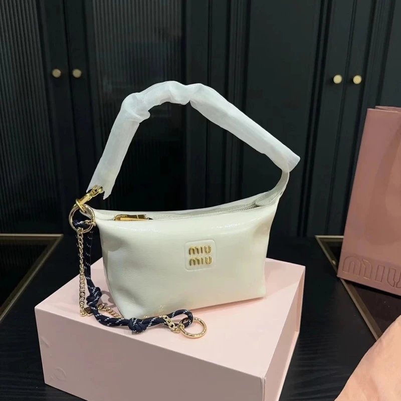 Miu Shoulder Bags Small zip-top bag with rope handle and chain strap — Leather beige (chain, with gift box)