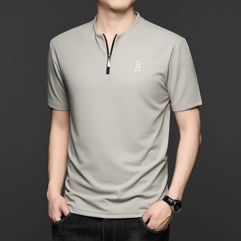 Unbranded T-Shirts Short-Sleeve Half-Zip Stand-Collar T-Shirt — Beige