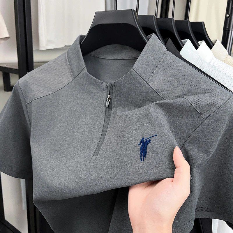 Unbranded T-Shirts Short-Sleeve Half-Zip Stand-Collar T-Shirt — Grey Pony