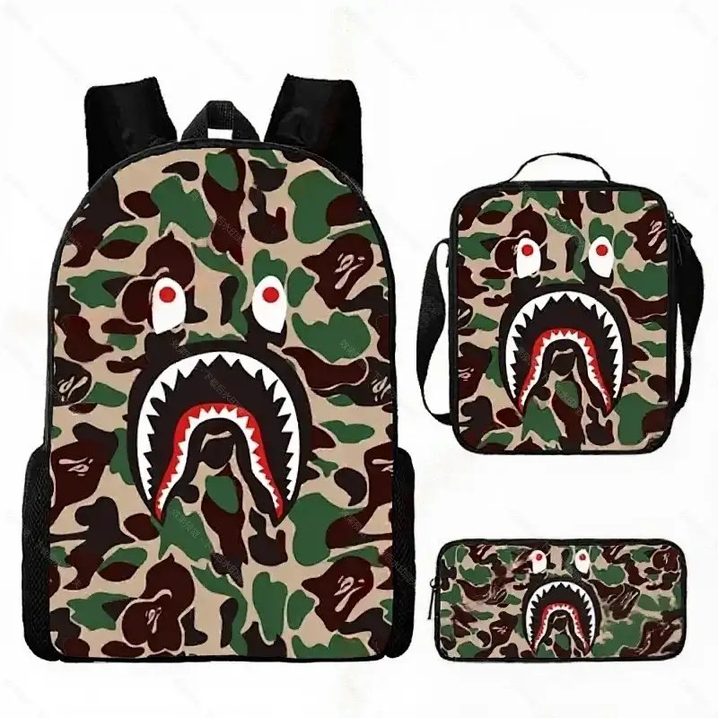 Unbranded Backpacks Shark-mouth graphic checkerboard backpack — 39-Camouflage (Three-piece set: backpack, shoulder bag, pencil case)