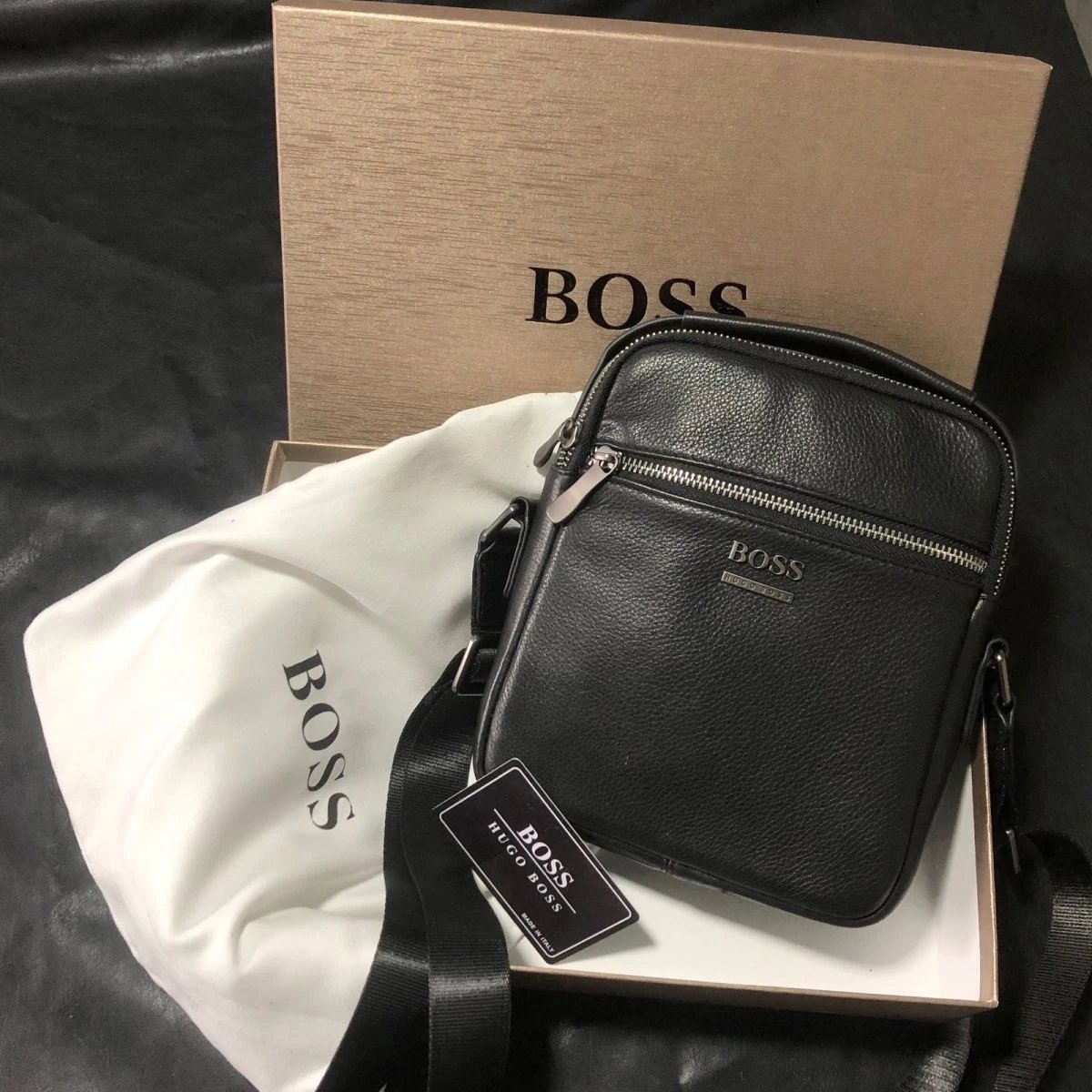 BOSS Black Pebbled Leather Crossbody Bag with Front Zip Pocket
