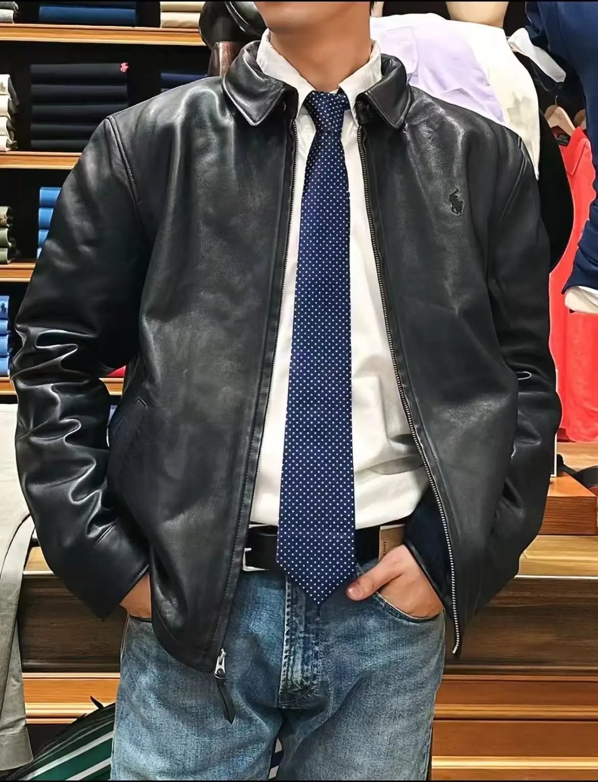 RL Solid-colored turtleneck leather jacket RL 纯色翻领皮衣夹克外套 525281 E