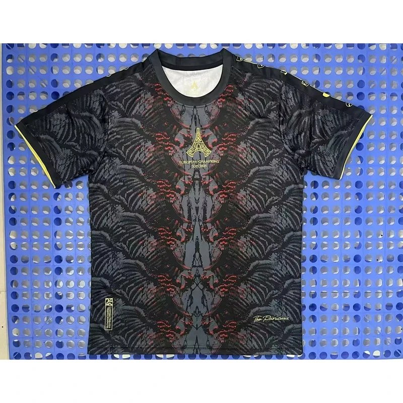2025-2026 Paris Saint-Germain Champions T-Shirt Black, Red, and Yellow - Style 12