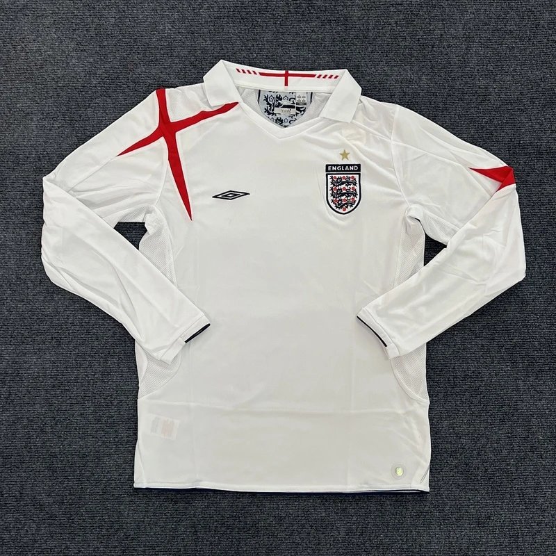 2006 England Home White Long Sleeve Jersey - Style 10