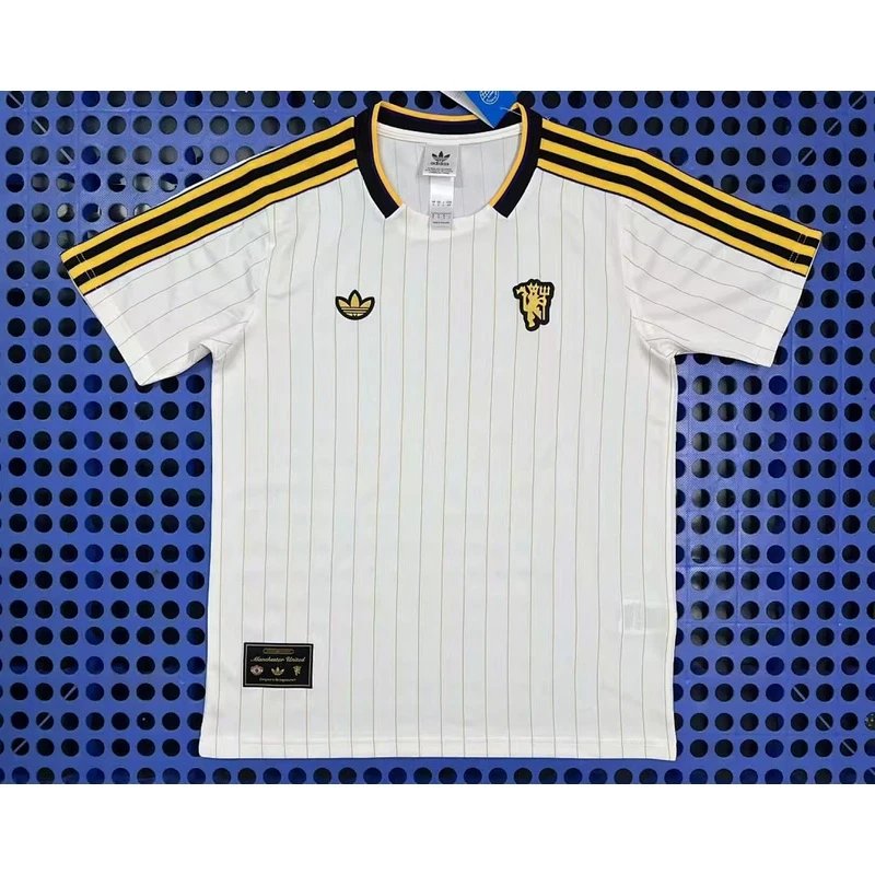 Manchester United retro white, pinstripe, adidas, football jersey - Style 27