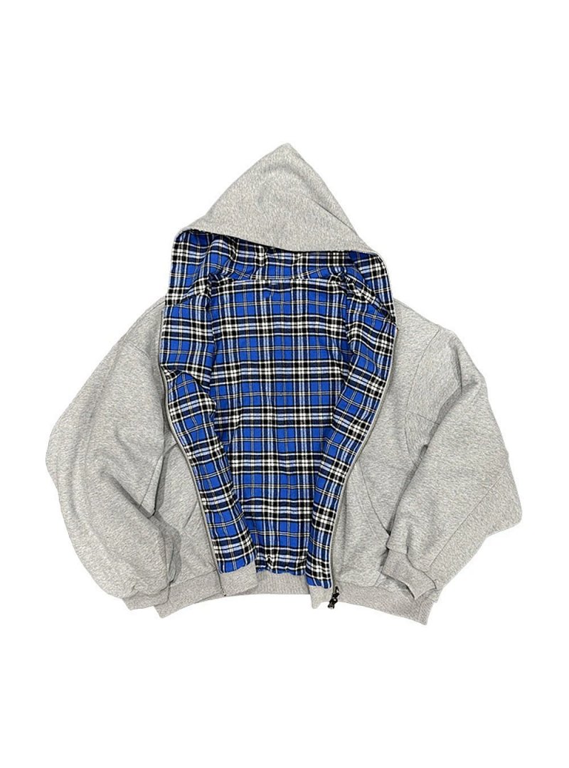 Reversible Flannel Zip Hoodie Grey