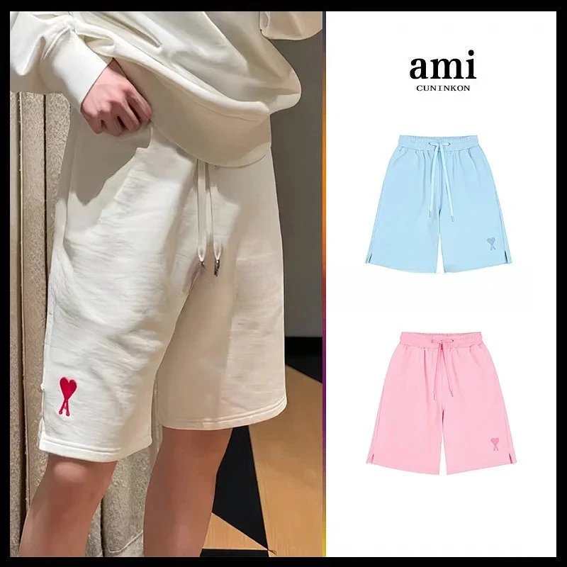 Trendy brand ami cuninkon heart embroidered shorts, summer loose solid color sports five quarter pants for men and women, couple style
