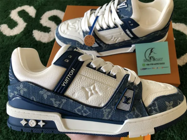 Louis Vuitton Trainer Monogram Denim Blue and White Sneakers - 1