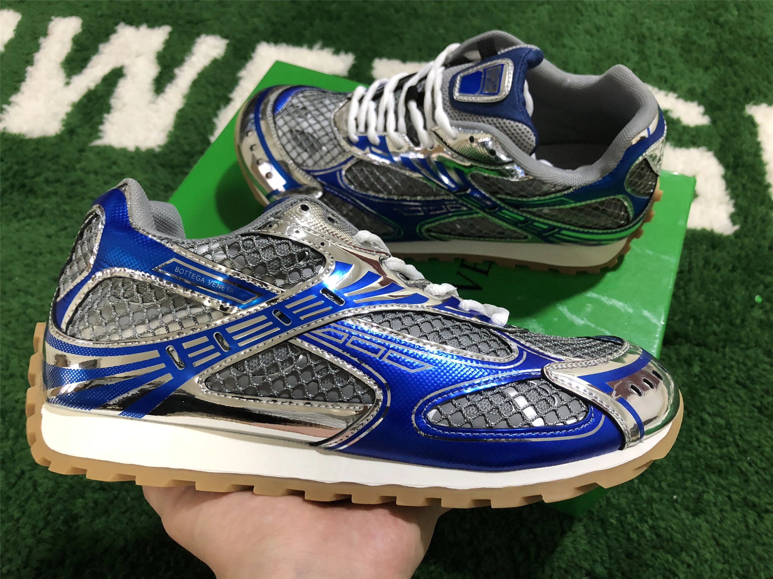 Bottega Veneta Running Sneakers Blue Silver Mesh - 28