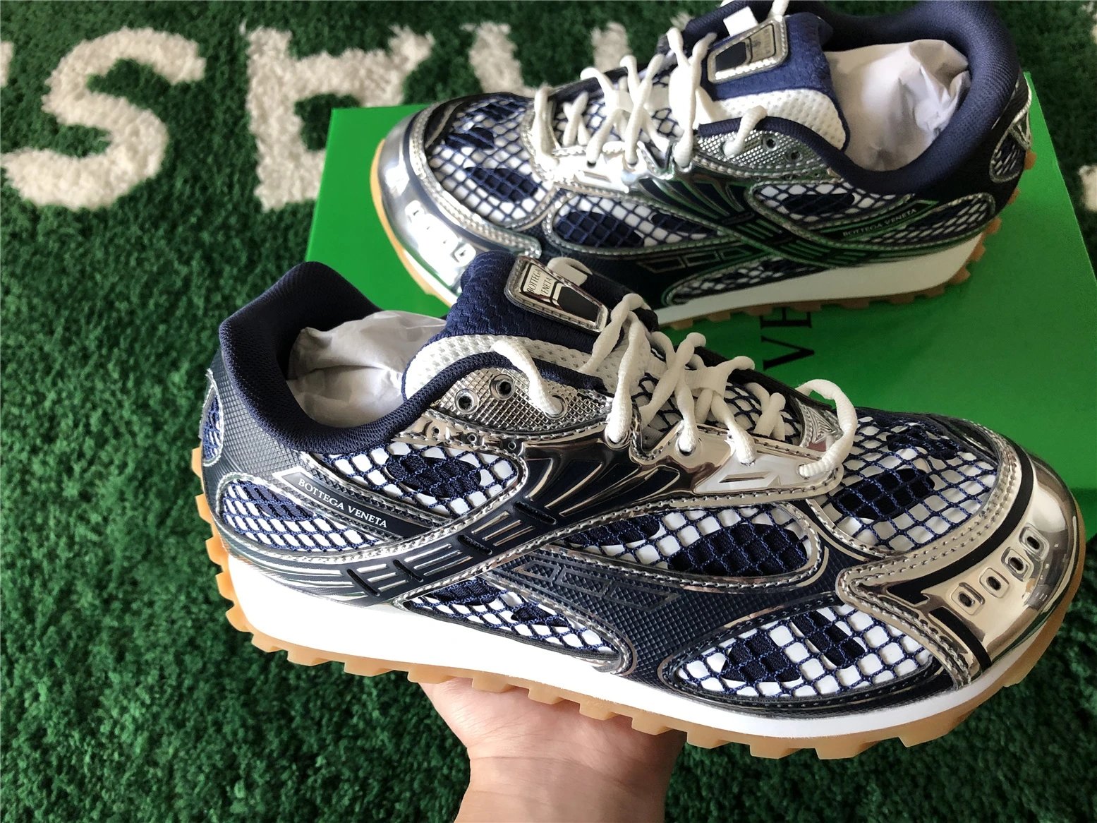 Bottega Veneta Running Sneakers Blue Silver Mesh - 38