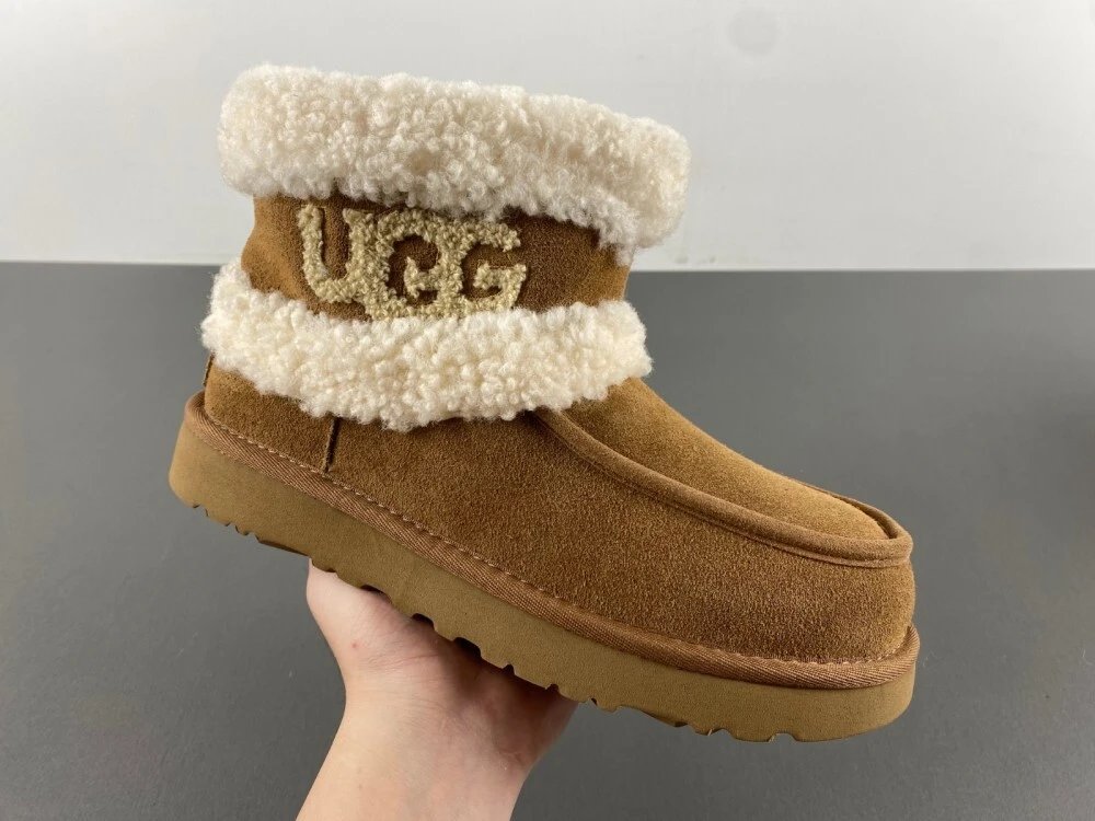 UGG Classic Mini Fluff Logo Chestnut Sheepskin Boots - 1