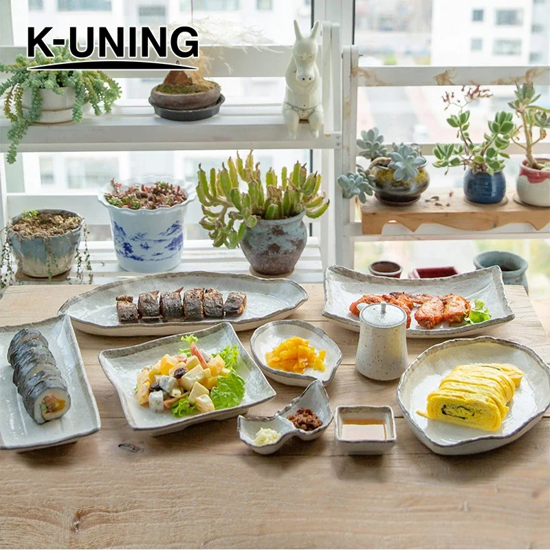 K-UNING日本原装进口白唐津粗陶鱼盘寿司盘佐料碟调味壶不规则餐具