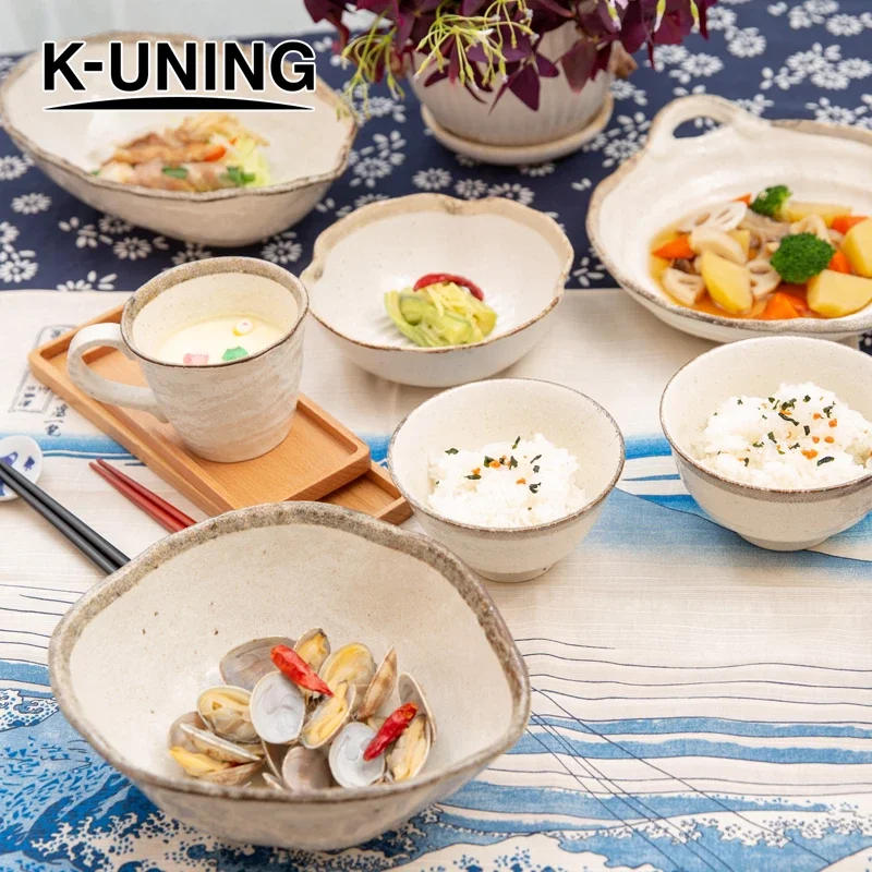 K-UNING 日本原装进口白唐津粗陶咖喱饭碗鱼盘寿司盘不规则餐具