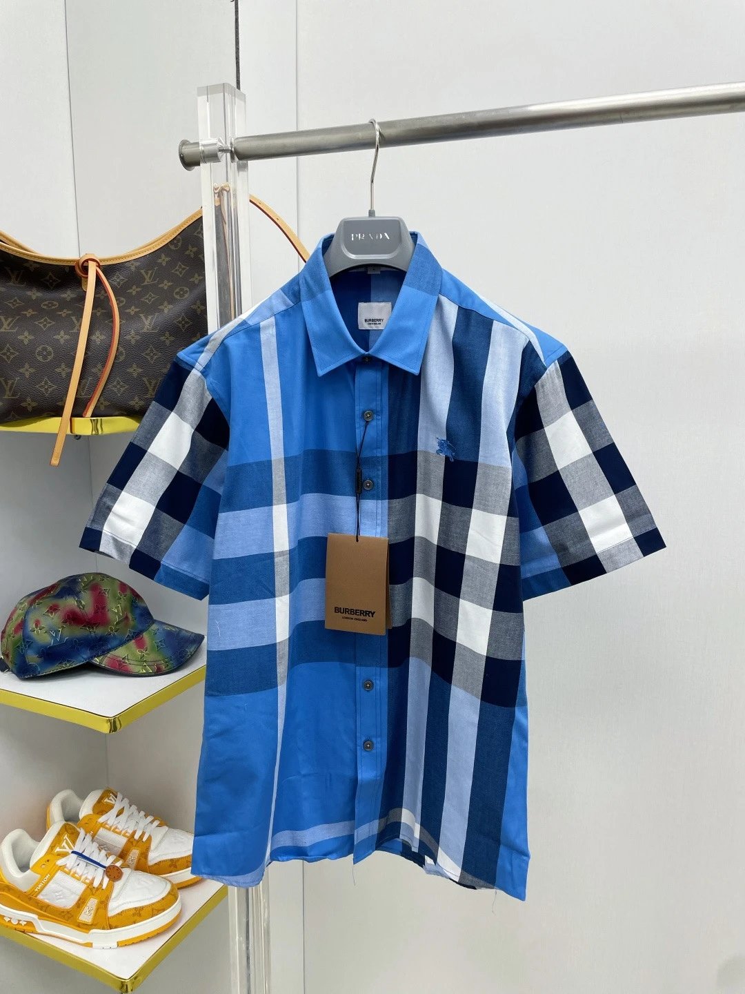 Moncler Short Sleeve Shirt Blue Red Black Plaid Casual