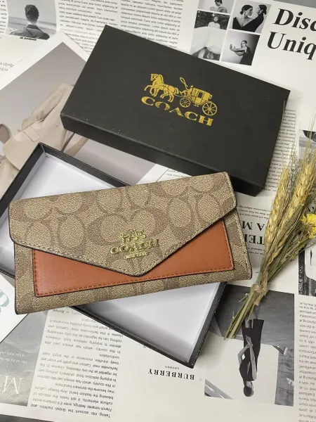Coach Signature Canvas Envelope Long Wallet Beige and Brown - 1