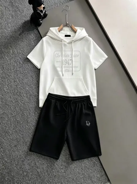Dior Short-Sleeve Hoodie and Logo-Embroidered Shorts Set White / Black - 1
