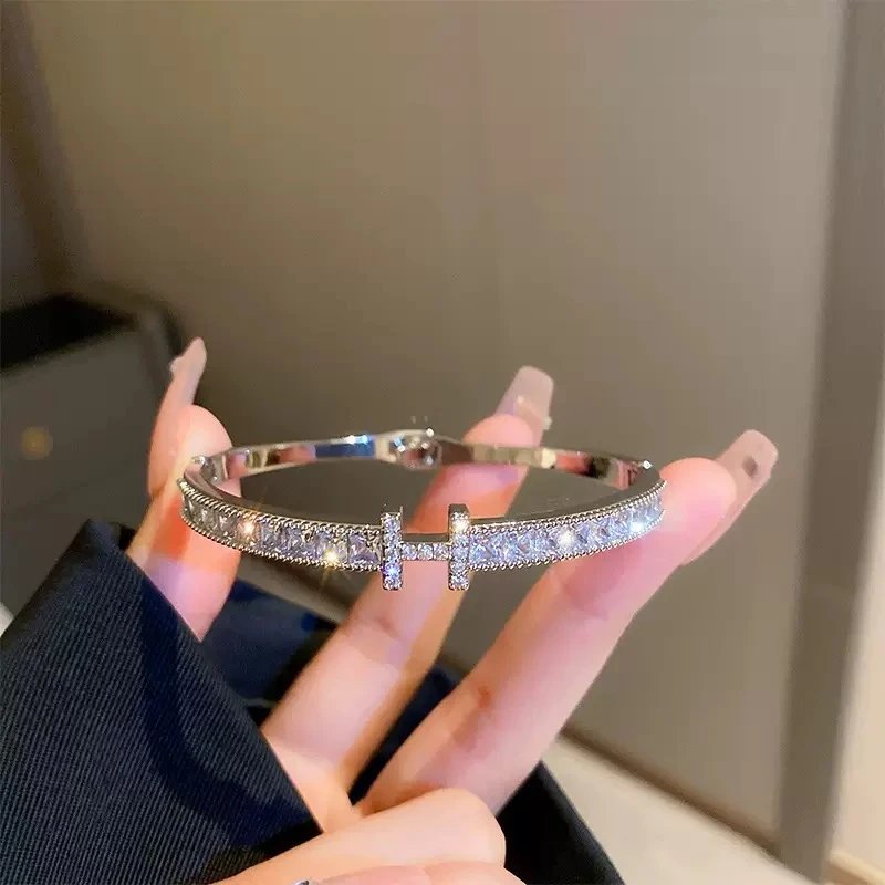 Silver T Bar Crystal Encrusted Bangle Bracelet